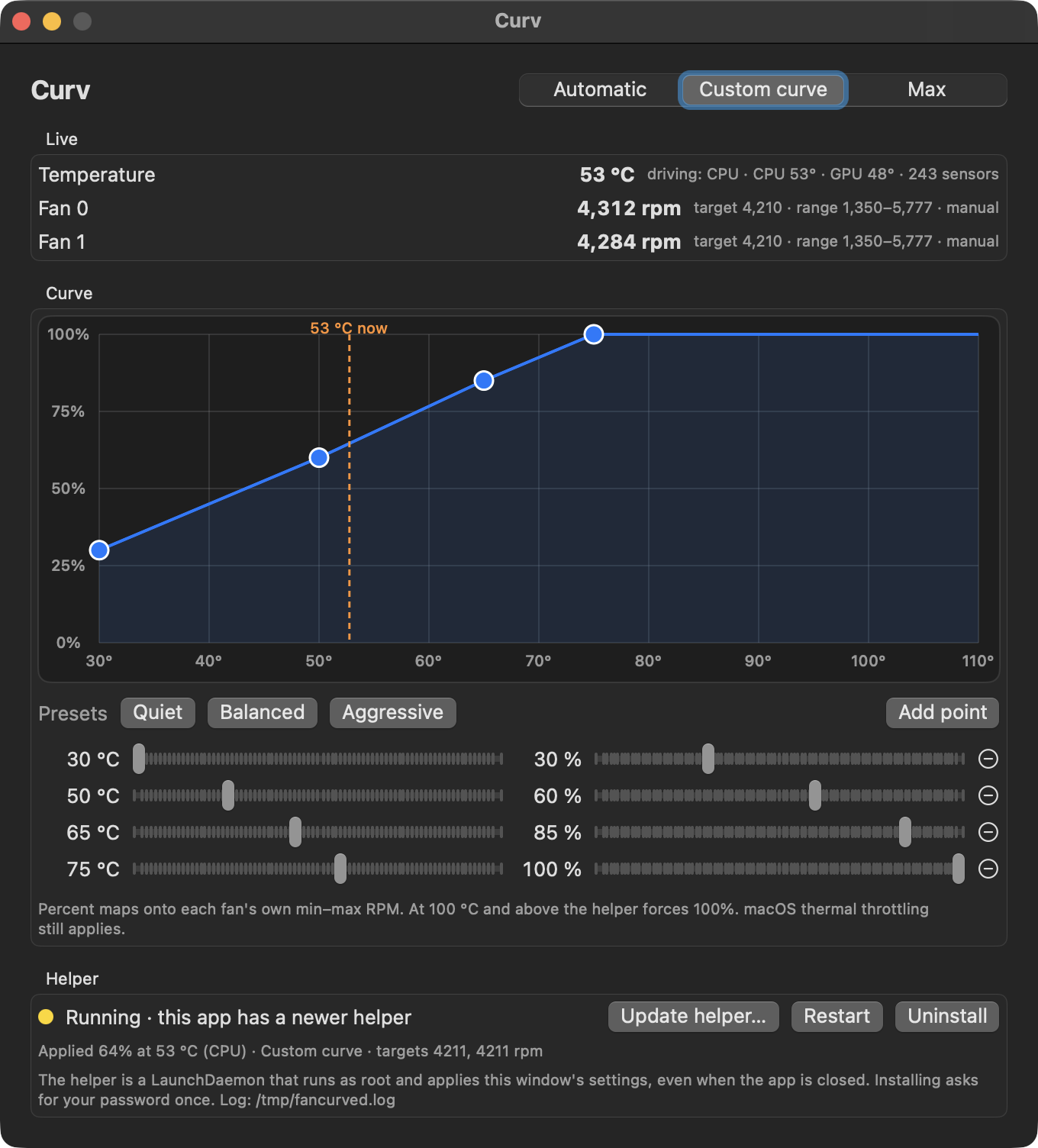 The Curv window: live temperature and fan RPM, a draggable curve from 30 to 110 degrees, per-point sliders, and the helper status.