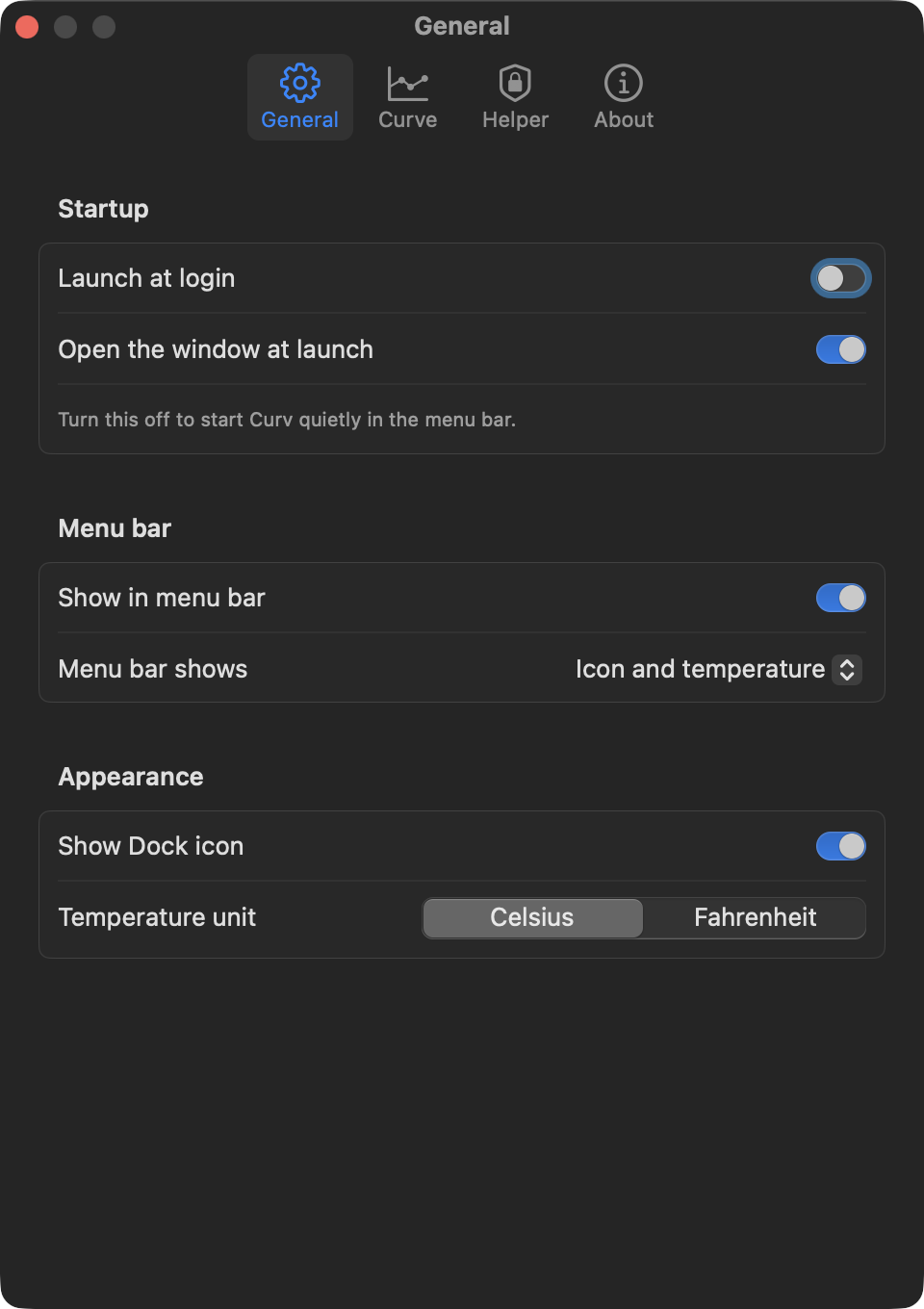 The Curv Settings window, General tab: launch at login, open the window at launch, show in menu bar, menu bar contents, Dock icon, temperature unit.